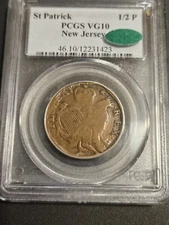 c1670's New Jersey 1/2P St. Patrick  Halfpenny Colonial Copper * PCGS VG10 * CAC