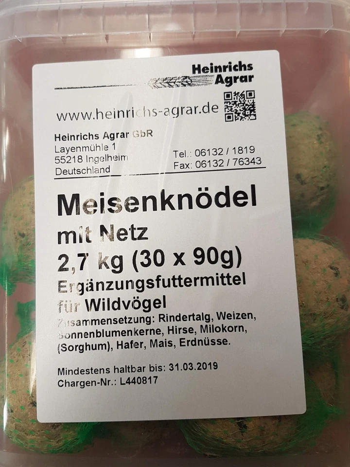 HEINRICHS AGRAR Meisenknödel mit Netz Vogelfutter Fett Knödel 120 St. 30 St. x 90g (4 Eimer)