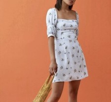 Reformation Kaley Gingham Check Dress Al Fresco Floral Puff Sleeve Mini size 8