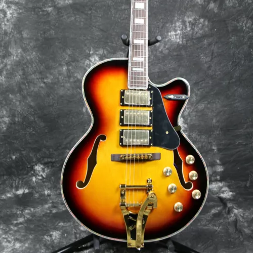 Hollow Body Electric Guitar L5 Style Gold Top Gold Hardware 3H Pickups