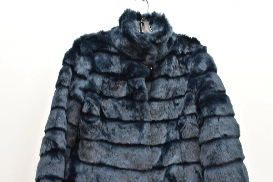 Eliza J Womens Solid Tiered Long Sleeve Snap Button Navy Blue Faux Fur Coat XS - Image 4 of 4