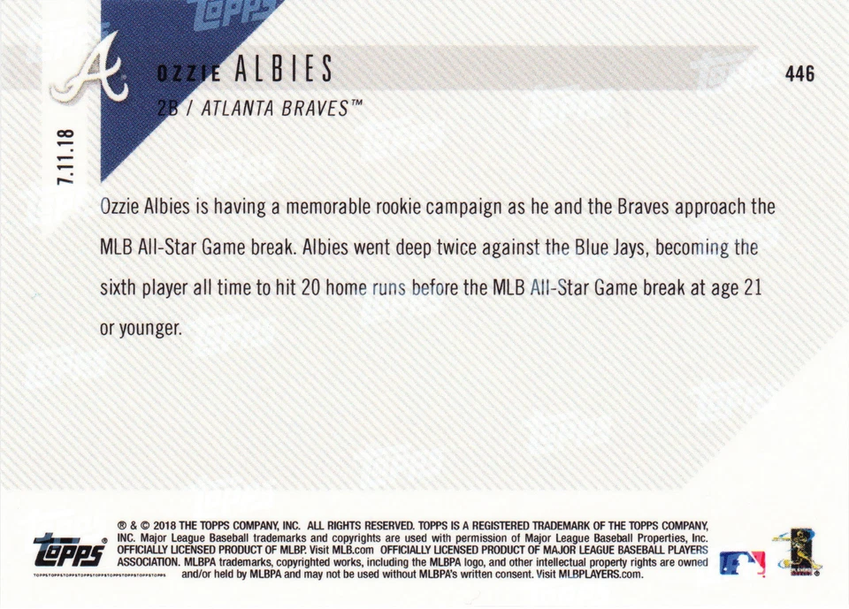 Ozzie Albies Braves Rookie Topps NOW 446 on 7/11/ 2018 SP Print Run ONLY 702 RC - Image 2 of 2