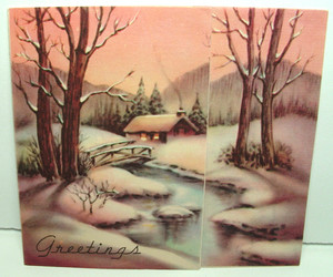 Sunset Cottage, Cabin, Stream - 1940's Vintage Christmas Greeting Card
