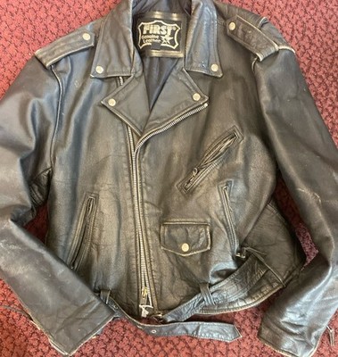 Vintage Men's FIRST Black Motorcycle Biker Genuine Leather Jacket Size 46