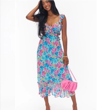 Show Me Your Mumu | Floral Midi Dress Cutouts Blue Pink Ruffled Garden Girls L