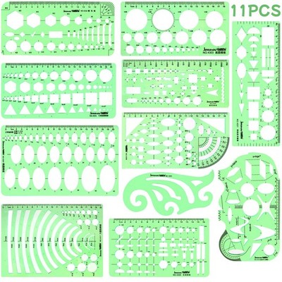 11PCS Geometric Drawings Templates, Drafting Stencils Measuring Tools, Transp...