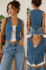 Vintage Faded Glory Denim Vest Kids Medium Braided Trim Western 11-13