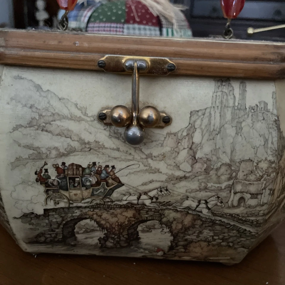 Vintage Anton Pieck Decoupage Wooden Box Purse With Bakelite Handle - Image 2 of 4