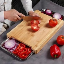 BTUASSDY Large Bamboo Cutting Board Set with 2 Stainless Steel Trays, 15.7" P...