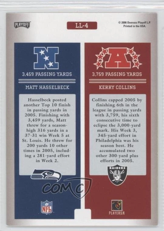 2006 Playoff Prestige League Leaders Matt Hasselbeck Kerry Collins #LL-4 - Image 2 of 2