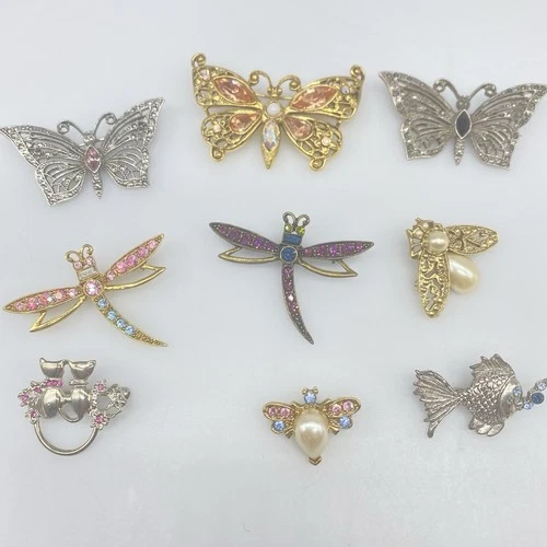 Lot of 9 Vintage 1928 BROOCH Pins Rhinestone Enamel Brooches Costume Jewelry