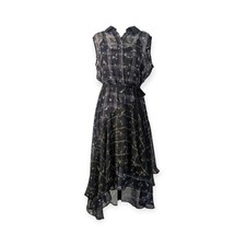Simply Vera SZ M Plaid Mixed Print Ruffled Chiffon Belted Shirt Dress Hi Low