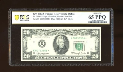 DBR 1963-A $20 FRN STAR Gem Dallas Fr. 2066-K* PCGS-B 65 PPQ Serial K00793568* - Image 1 of 2