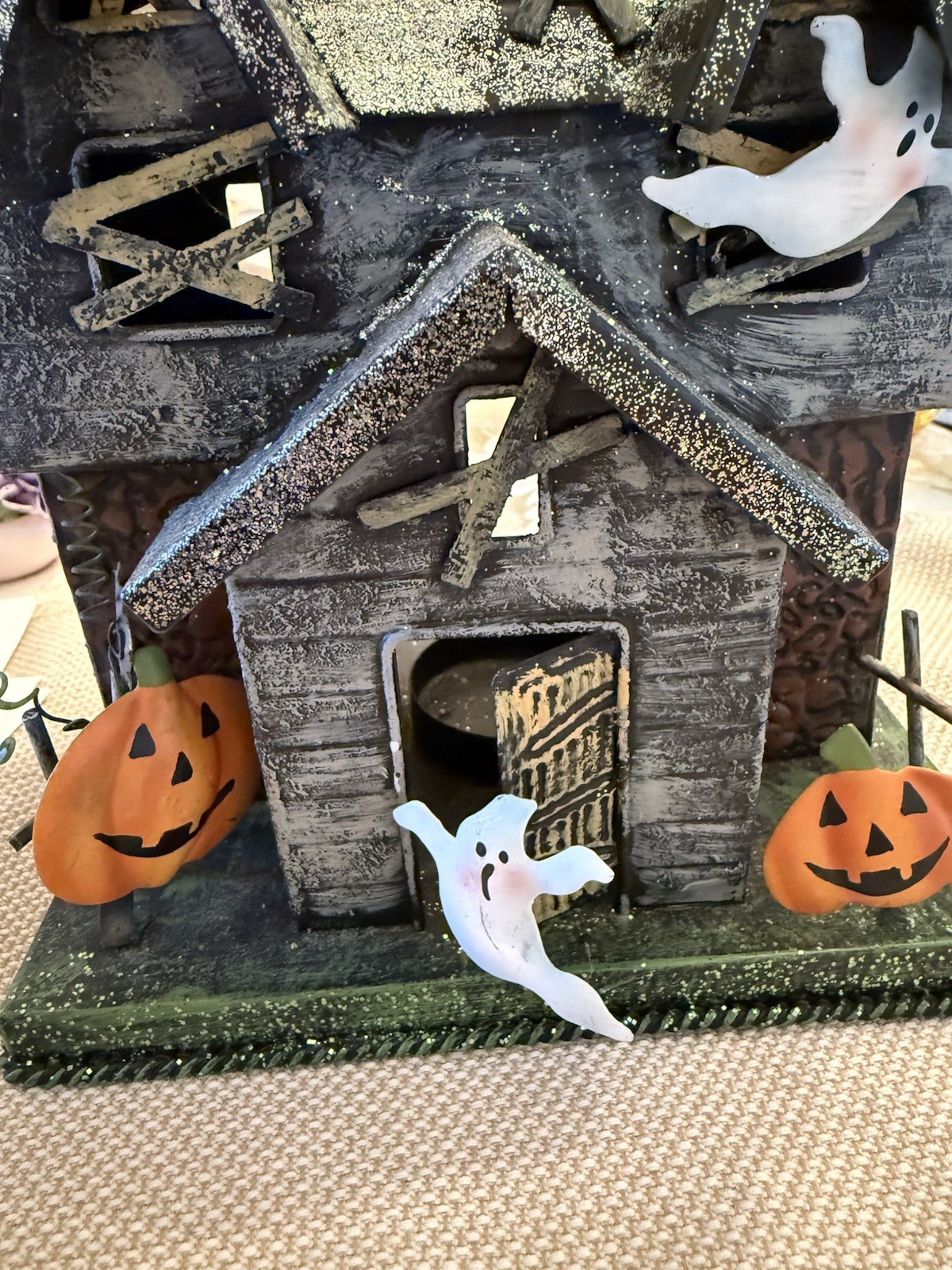 Halloween Metal Haunted House Pumpkins Ghost Tea Light Votive Candle Holder 11”