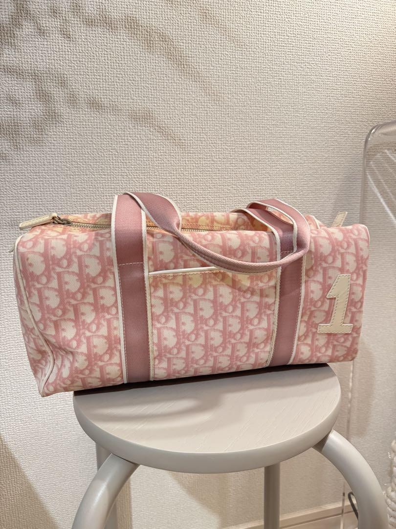 Rare Christian Dior Trotter Mini Boston Bag in Pink Canvas with White Logo