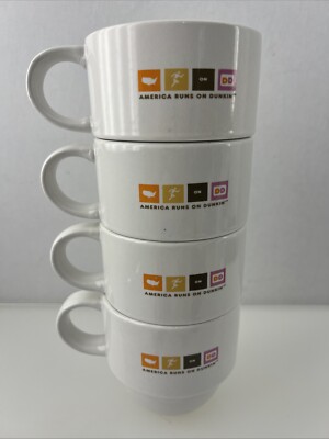 Dunkin Donuts Stackable Mugs America Runs On Dunkin’ Set Of (4) Large 14 oz  HTF￼