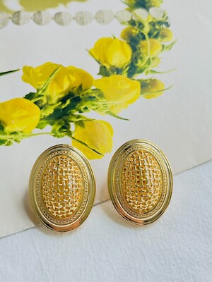 Christian Dior Vintage Large 3D Arch Oval Openwork Mesh Statement Earrings Gold