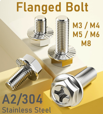 Phillips Hex Head Flange Bolts, 304 Stainless Steel Screws - Silver Phillips Hex Head Flange Bolts, 304 Stainless Steel Screws - Silver
