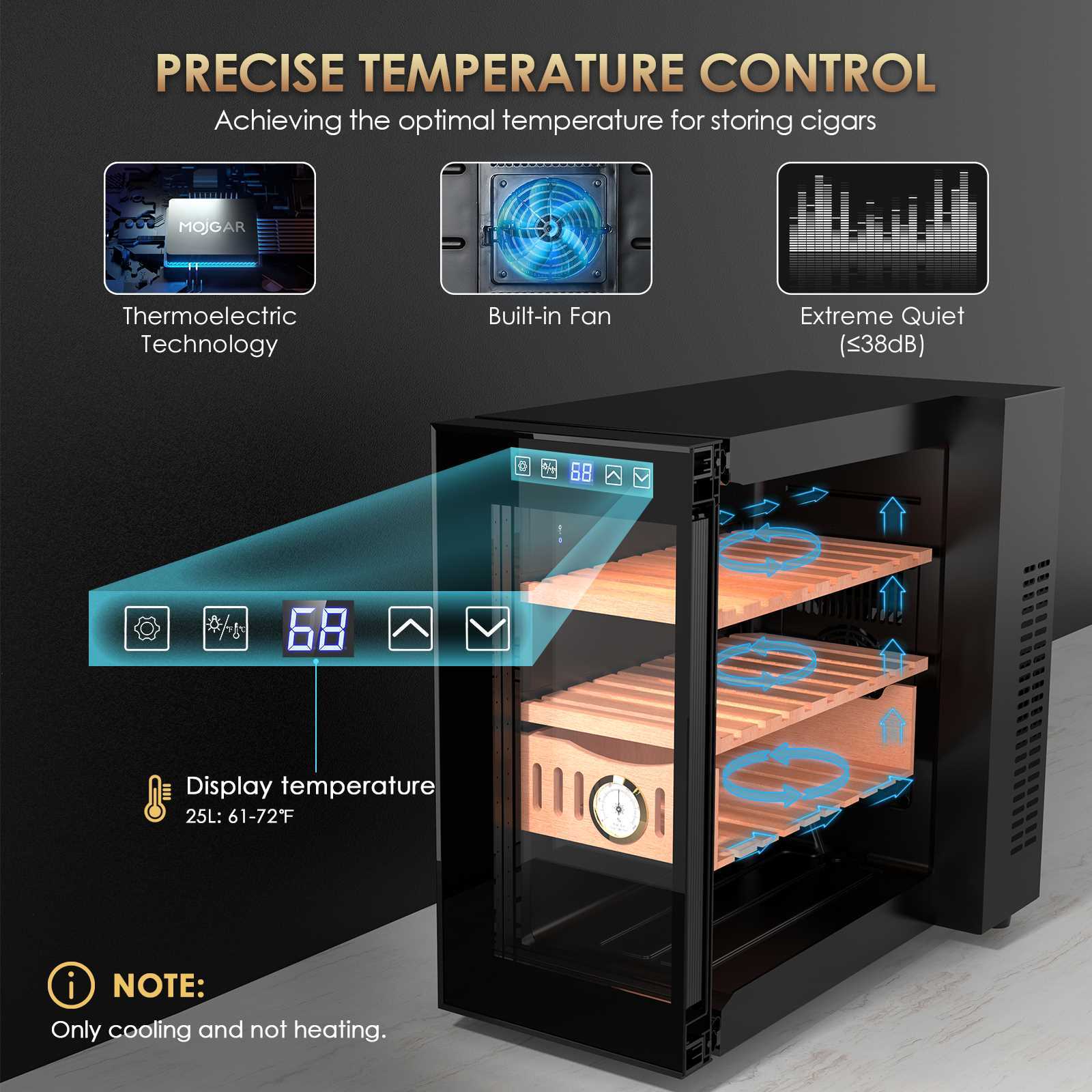25L Electric Humidor Cigar Cooler with Spainsh Cedar Wood Shelves 200 Capacity