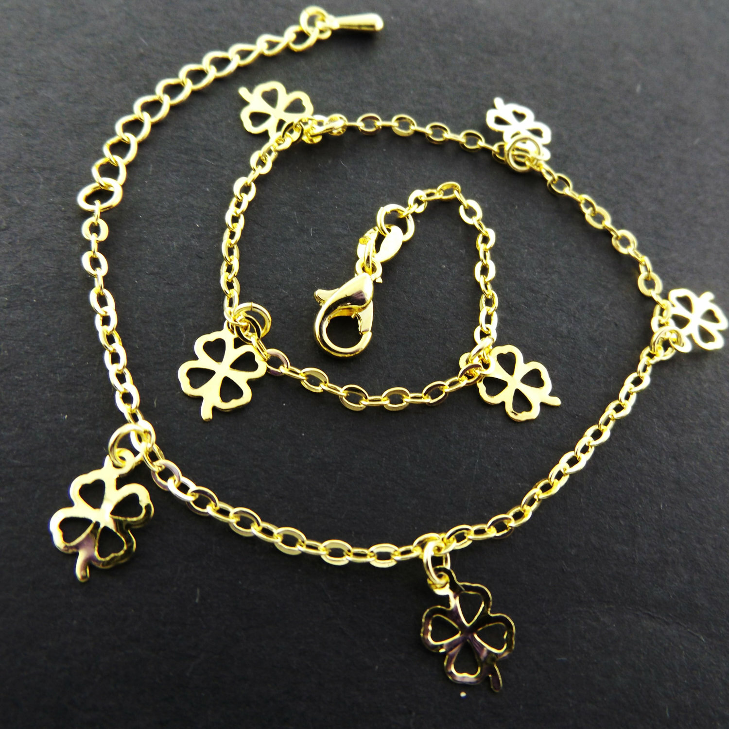 Anklet XL Bracelet Real 18K Yellow Gold G/F Solid Four Leaf Glover Charm Design-image