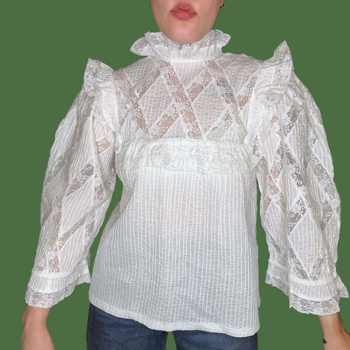 VTG 60s/70s High Neck Ruffle Collar Victorian Style Vintage Lace