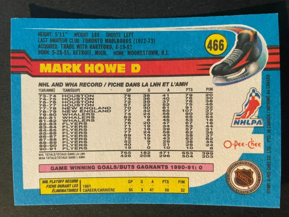 Mark HOWE 1991-92 O-Pee-Chee Hockey #466 Philadelphia Flyers - Image 2 of 2