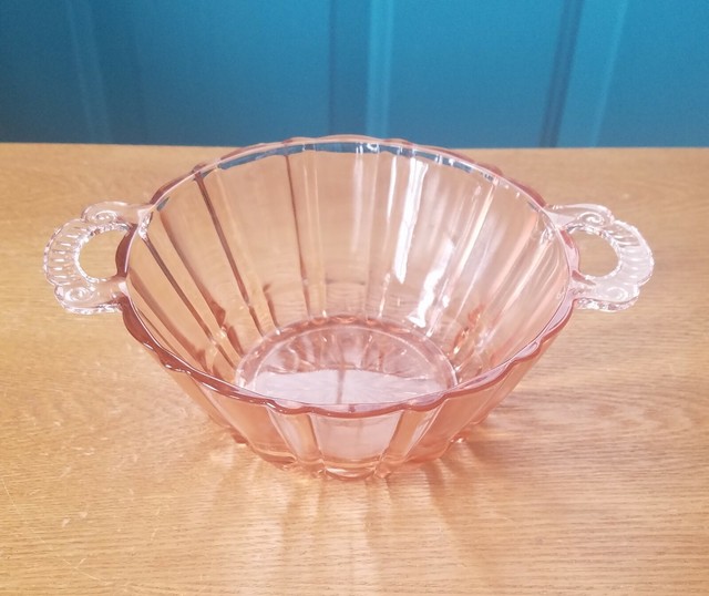 Vintage Pink Glass Bowl with Scrolled Handles and Ribbed Sides eBay