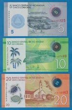 Nicaragua Set of 3 Polymer notes 5 + 10 + 20 P New 2020 & 209 & 210 (2015) UNC