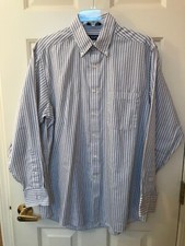 CHAPS Men's Med 15-15.5 32/33 Blue/Beige Pin Stripe Classic Fit Twill Shirt