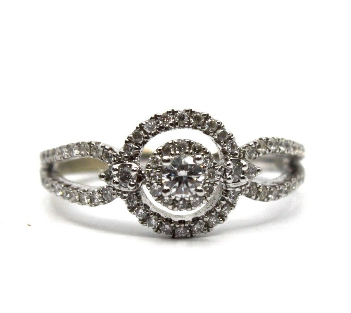 14k Solid White Gold Open Shank Double Circle Diamond Ring Tcw Sz