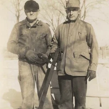 Vintage Snapshot Photo Two Men Holding Guns Rifles Hunting Gear in Snow