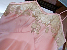Vintage COUTURE 30s 40s SATIN Pink Silk Slip Dress Lingerie Chantilly Lace S M