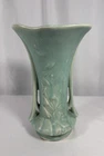 Vintage McCoy Pottery Vase Flower Pattern Turquoise Blue Double Handle 1940s