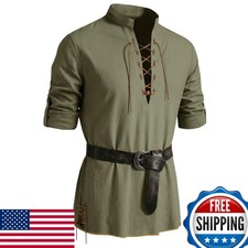 Mens Medieval Pirate Shirt Army Green Cotton Lace Up Renaissance Size M