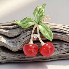 Rhinestone Cherry Brooch Pin for Women Unisex Fruit Jewelry Accessory Party Gift