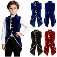 Boys Tunic Sleeveless Vest Velvet Waistcoat Gold Trim Tailcoat Classic Costume