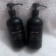 Glass Soap Dispenser Set of 2 Black with Silicone Tray  Hand and Dish Soap...