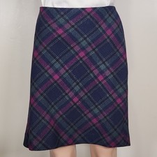 Talbots Petite Skirt Women's 8p Plaid Wool Blend Lined A-Line Navy/Green/Purple