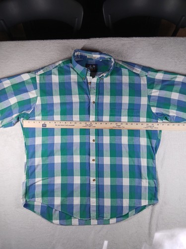 SERO XL 100% Cotton Short Sleeve Casual Buttondown Green Blue White Plaid Shirt - Picture 4 of 9