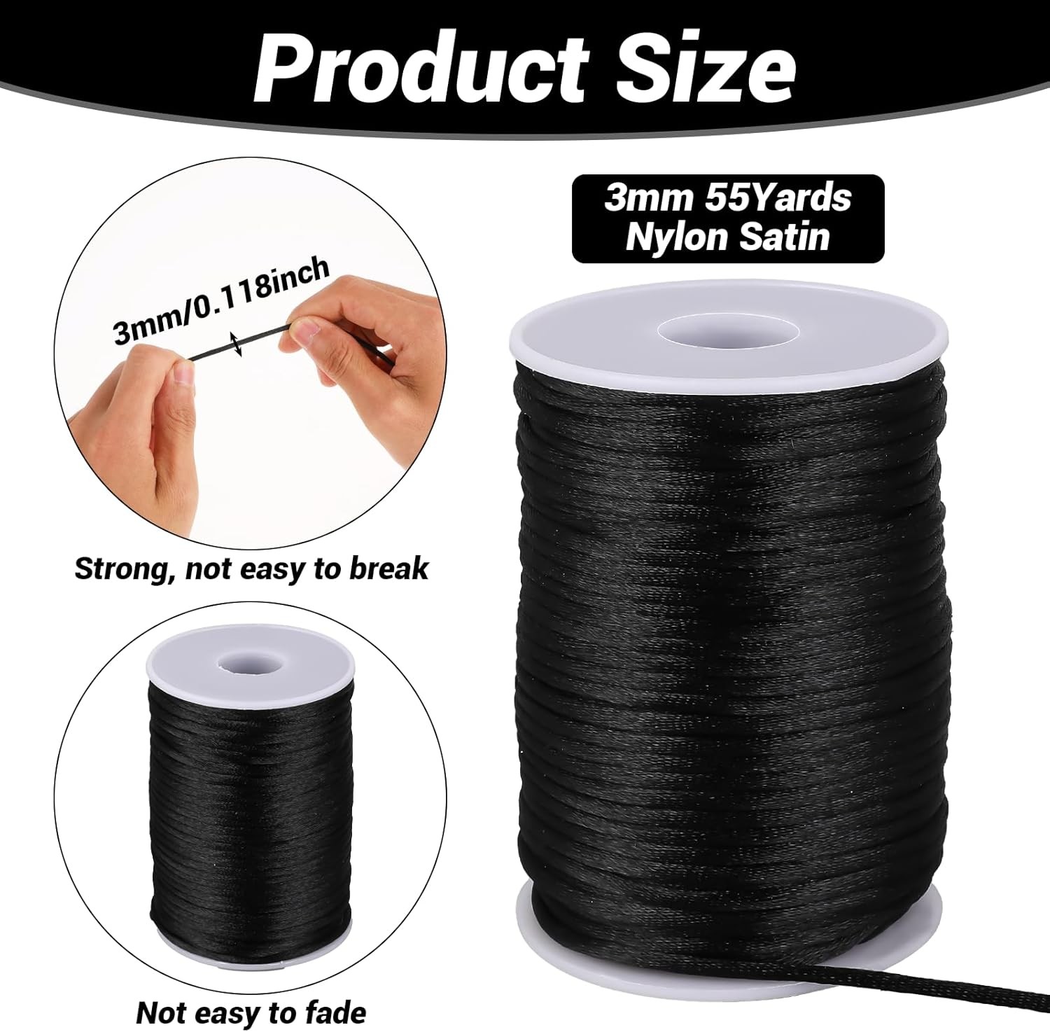 Nylon Satin Cord Thread Black 3mm 55 Yards for Macrame Bracelet String Craft
