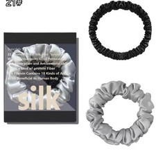 Set Of 2 SILK 100 Mulberry Silk Scrunchies Hair Ties Silver Black