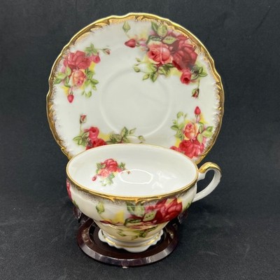 Vintage Lefton China Teacup Saucer Set Hand Painted Pink Red Roses Gold Trim