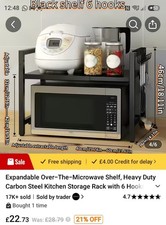 Expandable Heavy Duty Carbon Steel Over Microwave 2 Tier Shelf Rack, 6 Hooks