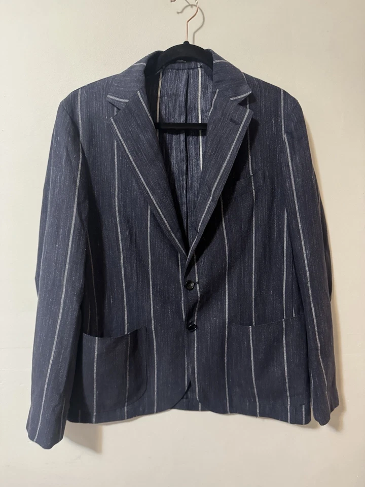 Sartorio Napoli Blue Striped Men’s Sport Coat Linen Silk Blend Size 56 - Image 2 of 4
