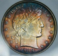 1908-O__Beautiful Toning__Barber Half Dollar__MS 60 SOAPBOX__WOW, Anacs, Coin