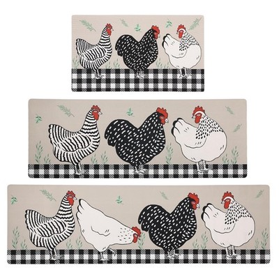 XLHOMO Chicken Design Kitchen Mats for Floor 3 Pieces Set, Non Slip Cushioned Ru