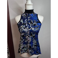 Blue Silver Sequin Camo Dance Top Velvet Mock Neck Sharkbite Hem Performance