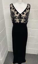 Gina Bacconi schwarz Samt ärmellos Illusion bodenlang Kleid Dress UK14 PD