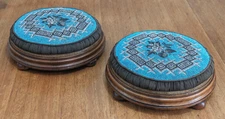 Victorian 19th Century Pair Walnut Turquoise Beadwork Bunfeet Footstools Antique