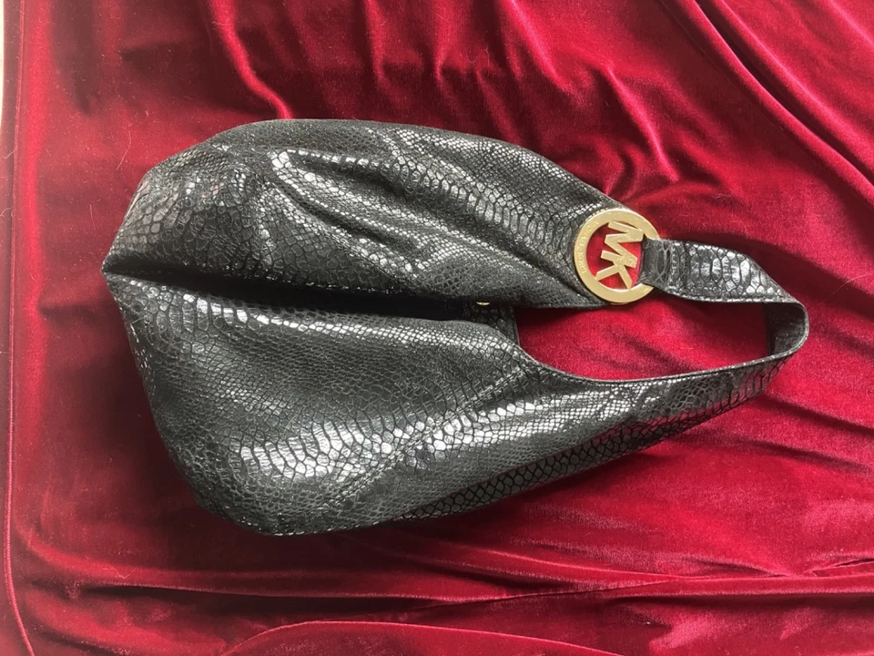 Michael Kors handbag black faux snakeskin with Gold Accents snap close - Image 2 of 4